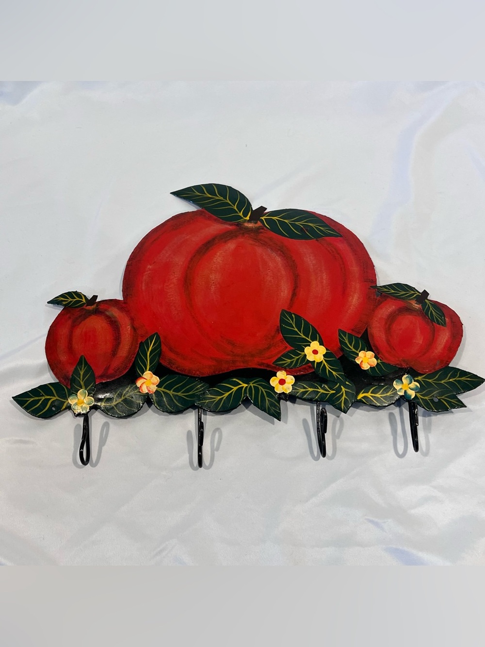 Vintage Haitian Folk Art Apple Wall Rack 4 Hook Hand Painted Metal